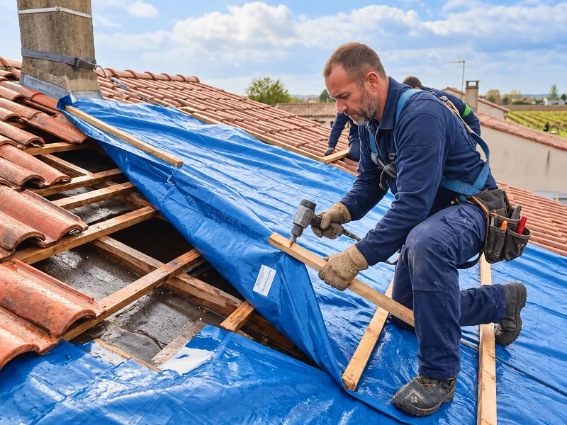Protection d’un toit par une bâche
